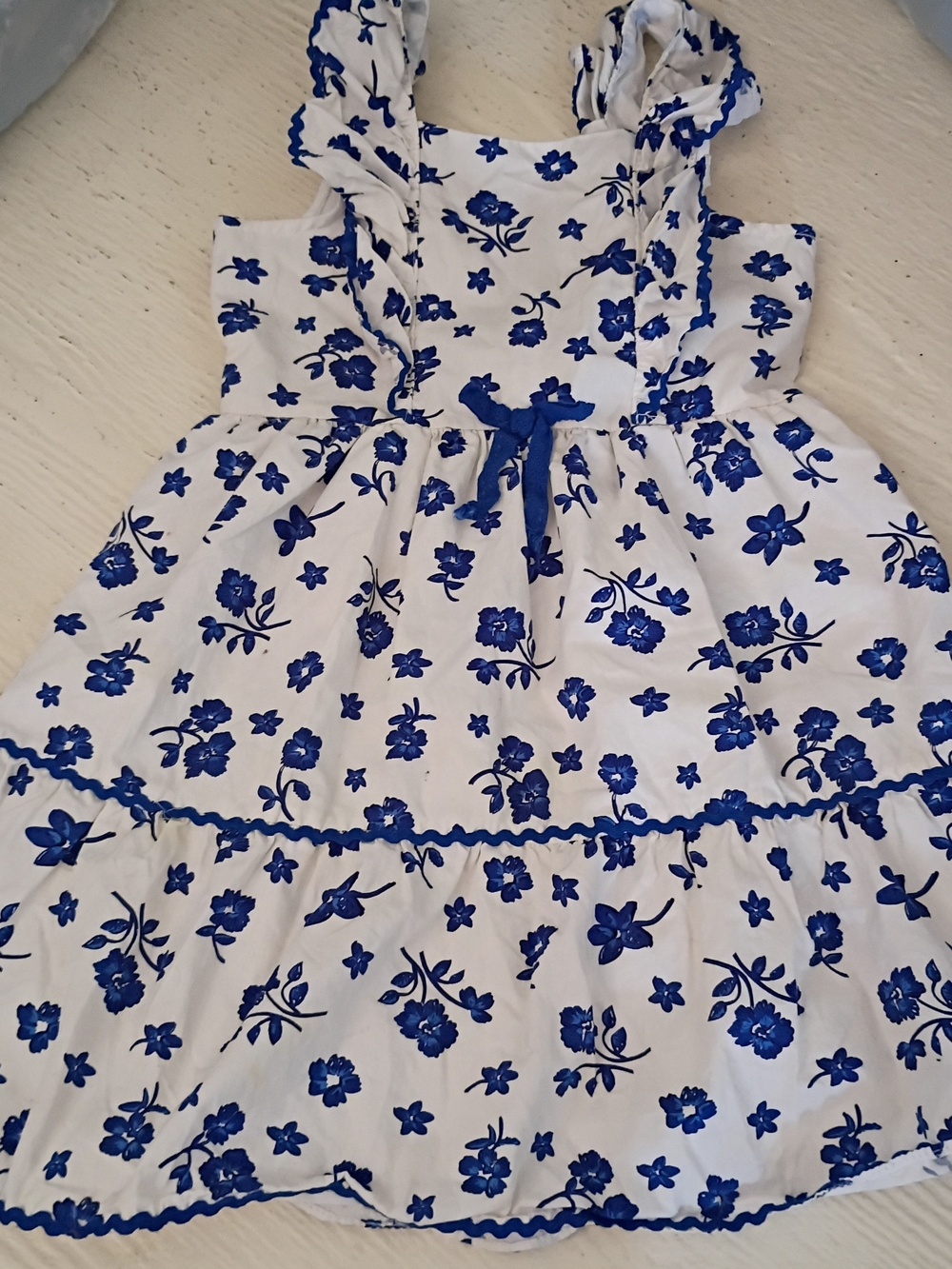 Blueberi Boulevard White Dress with Blue Floral Print and Ruffle Straps